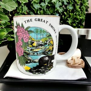 Great Smoky Mountains Bear Water Flowers Vintage Coffee Mug Cup Gold Rim 80s